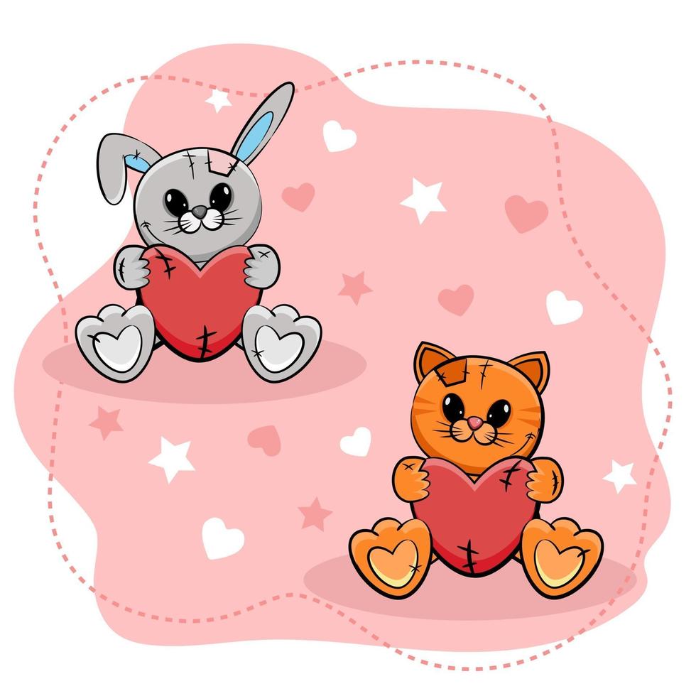Sweet little bunny and kitten with hearts on pink background. Vector illustration.