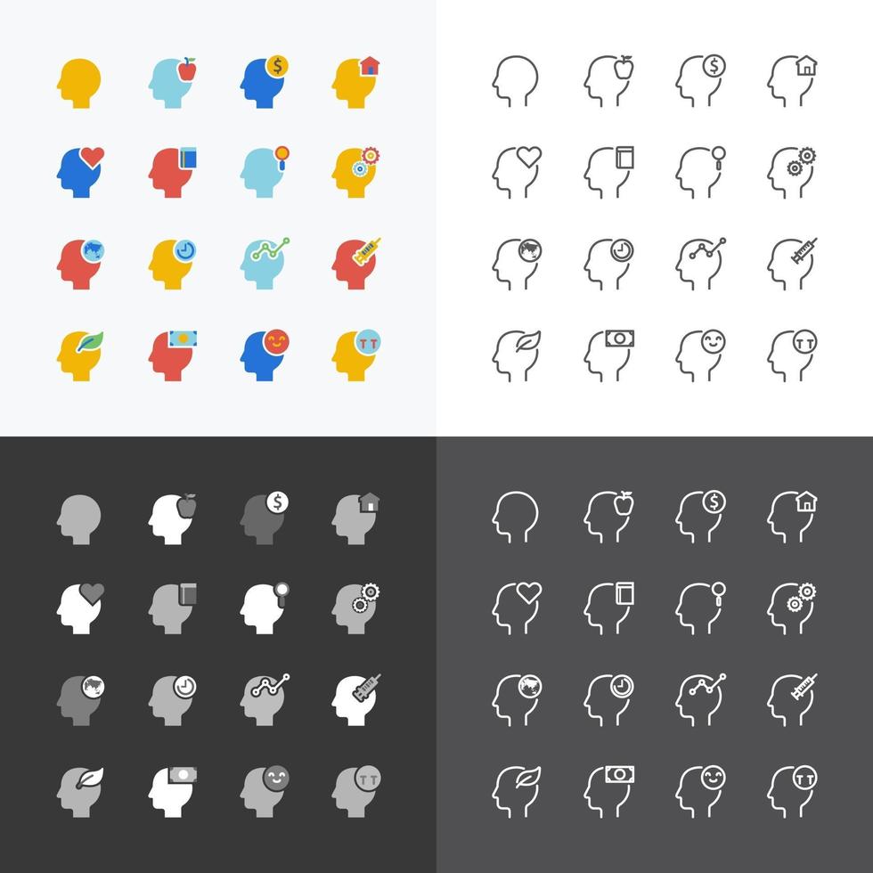 Head silhouette icons flat line think concept design vector set