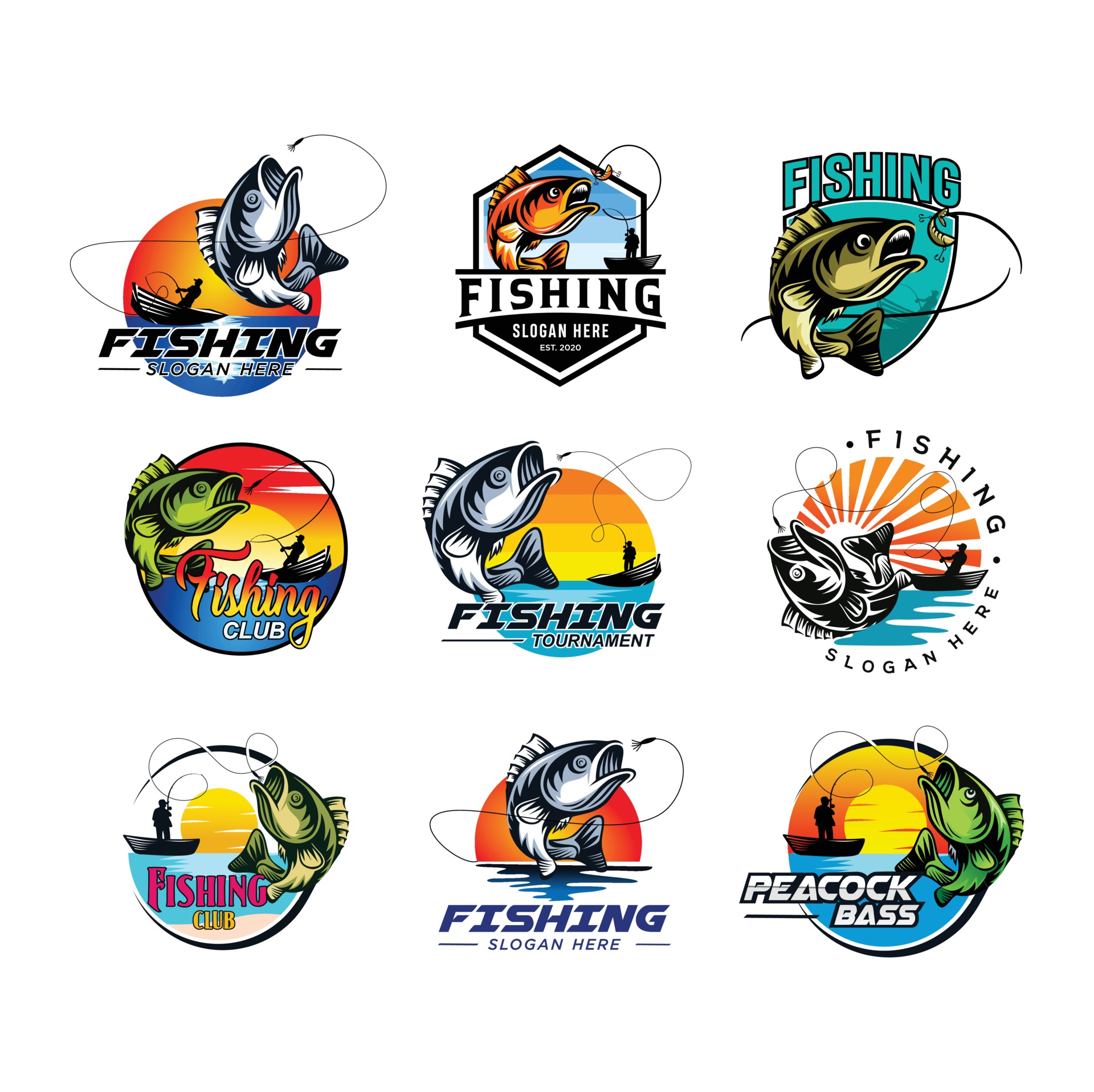 Set fishing logo emblem badge design. Fishery logotype with
