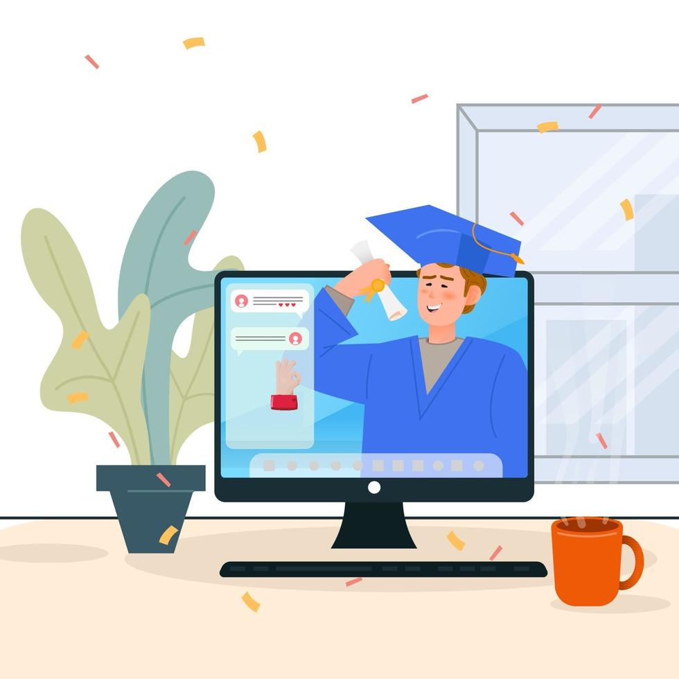 Man happy after virtual graduation ceremony with chat box left side vector