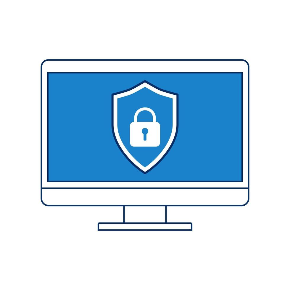 Shield with monitor screen device icons flat design style. security concept. vector illustration