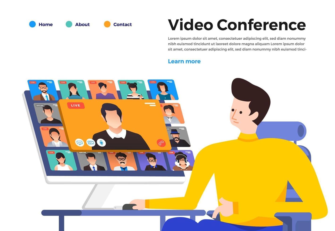 Illustrations flat design concept video conference. online meeting work form home. Call and live video. Vector illustrate.