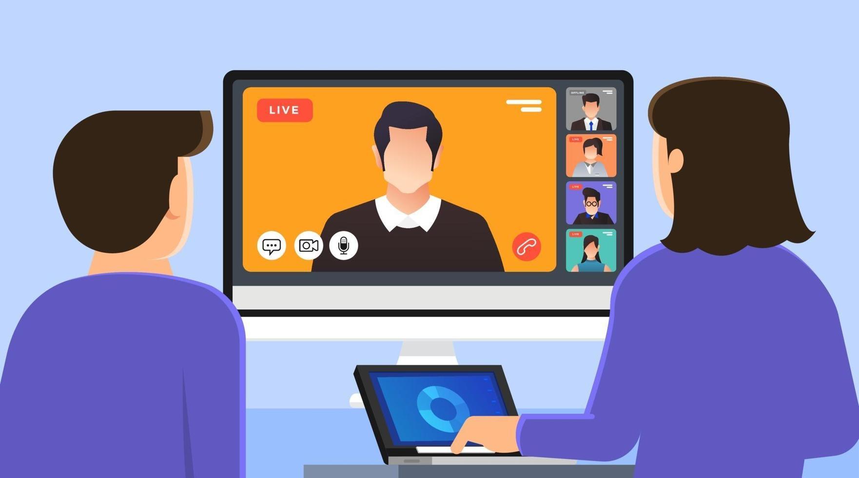 Illustrations flat design concept video conference. online meeting work form home. Call and live video. Vector illustrate.