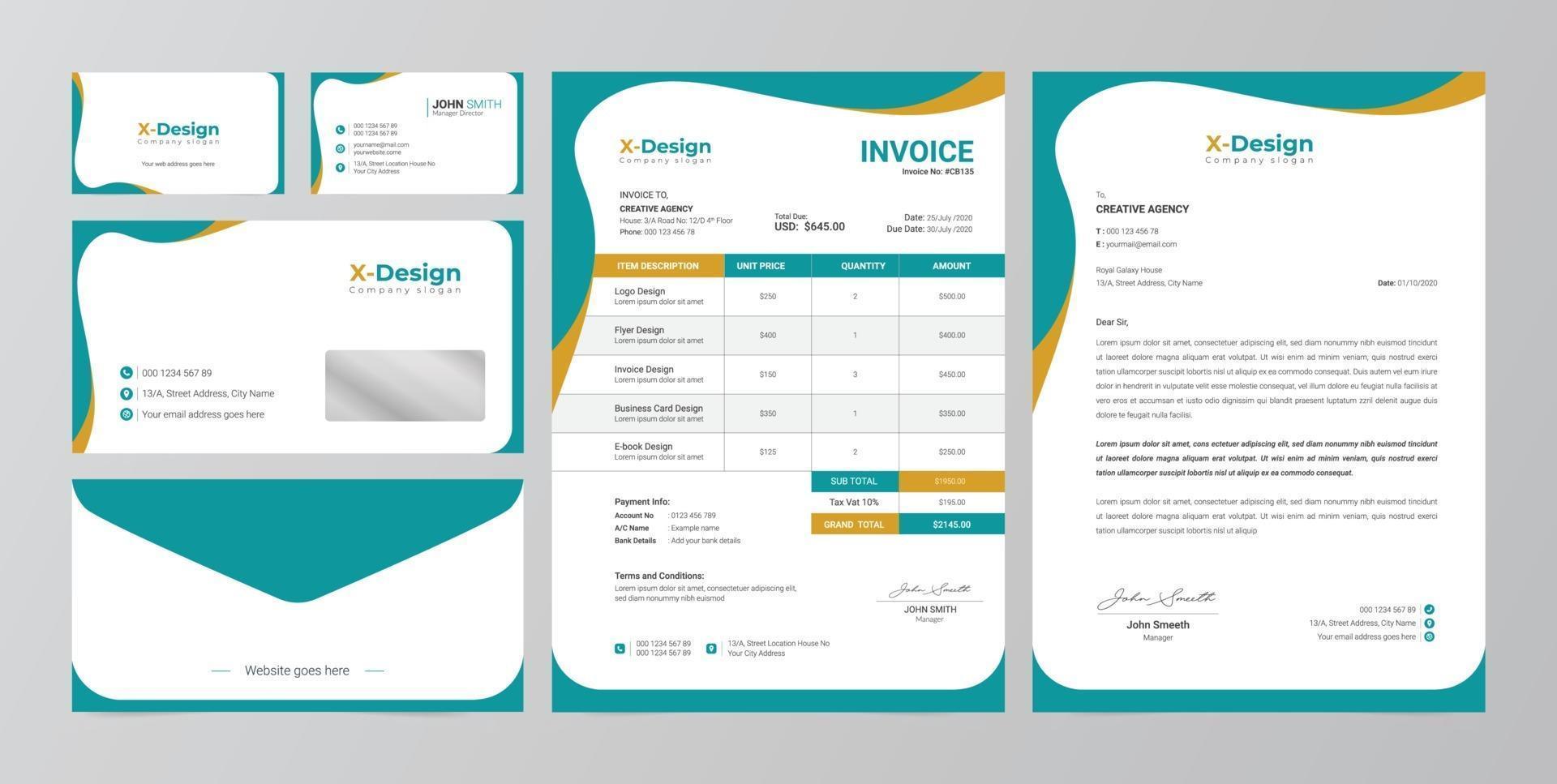 identidad de marca empresarial corporativa, diseño de papelería, membrete, tarjeta de visita, factura, diseño de sobre vector