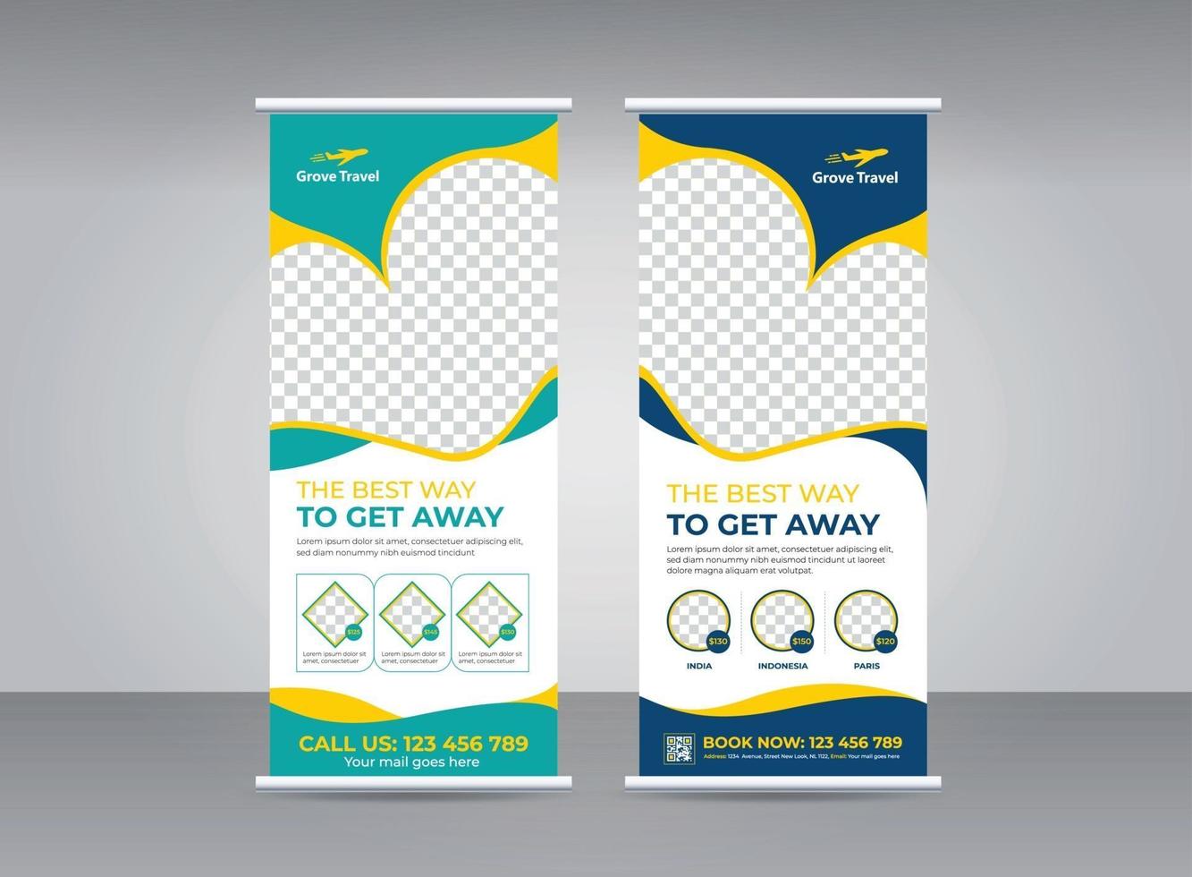 Travel and tourism agency roll-up banner design template set vector