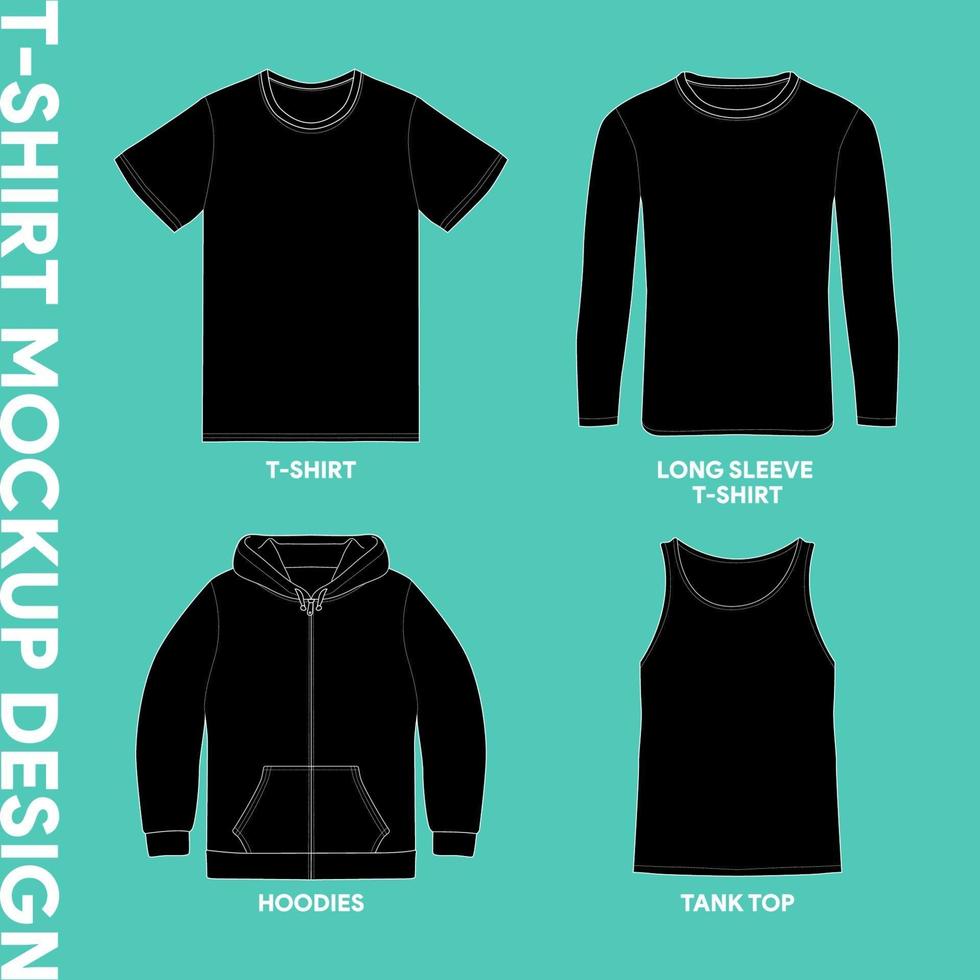 Apparel mockup graphic templates. T-shirt, long sleeve, hoodie, and tank top vector