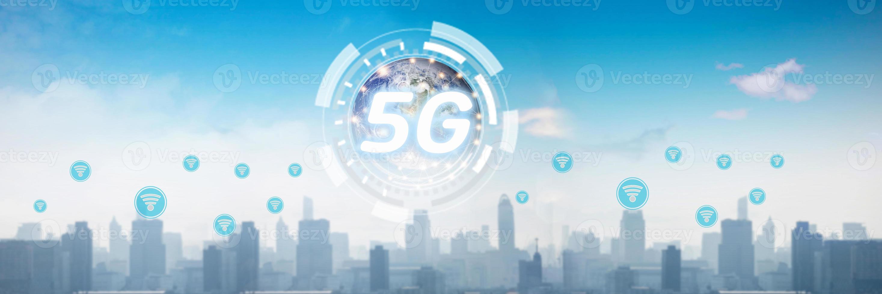5G and technology global network over city, digital concept photo