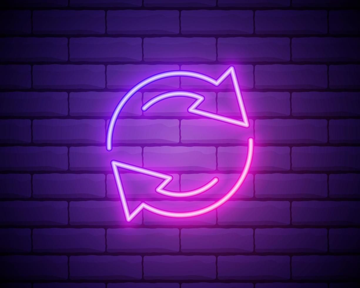 Glowing neon Refresh icon isolated on brick wall background. Reload symbol. Rotation arrows in a circle sign. Vector Illustration