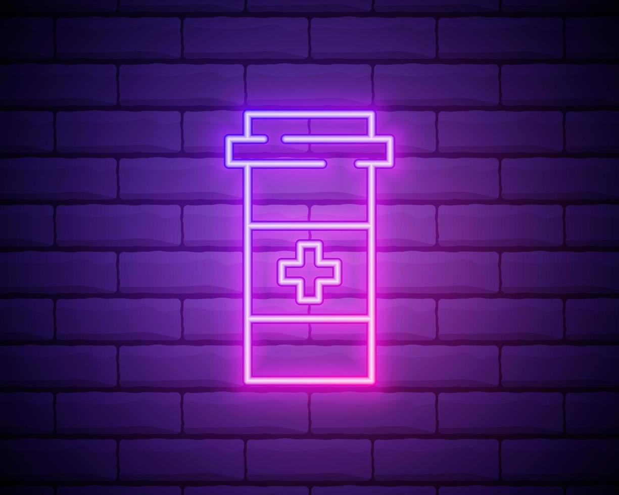 Glowing neon line Medicine bottle icon isolated on brick wall background. Bottle pill sign. Pharmacy design. Vector Illustration