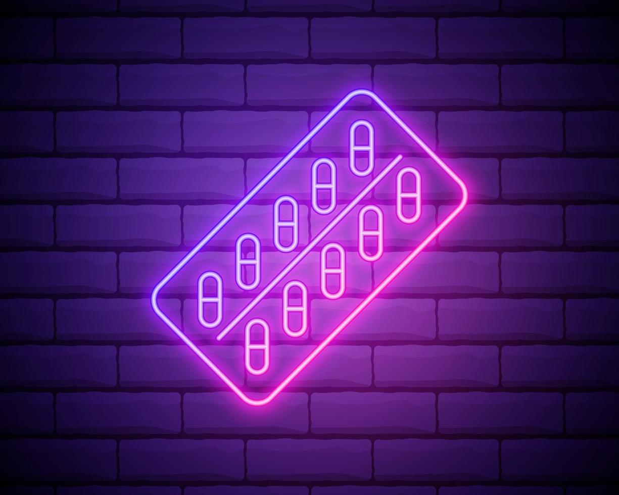 Glowing neon line Pills in blister pack icon isolated on brick wall background. Medical drug package for tablet vitamin, antibiotic, aspirin. Vector Illustration