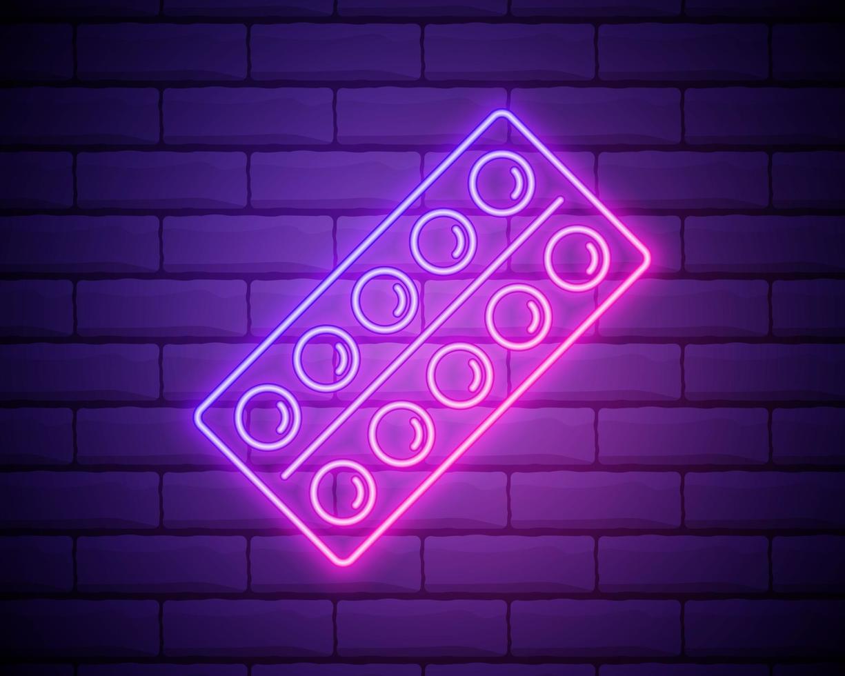 Glowing neon line Pills in blister pack icon isolated on brick wall background. Medical drug package for tablet vitamin, antibiotic, aspirin. Vector Illustration