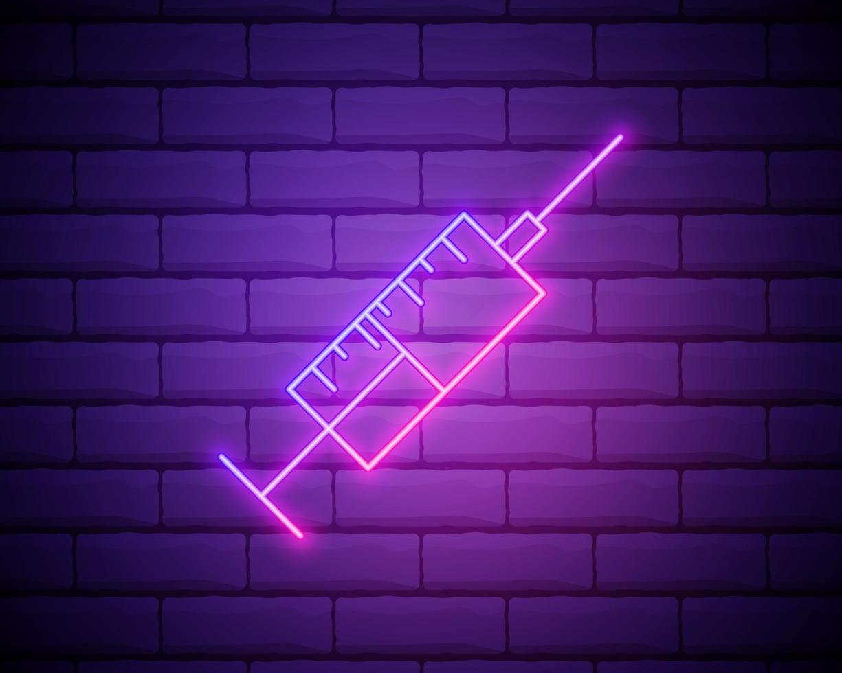 Dope, injection, medical vector icon. Retro style neon vector icon. Vector icon on brick wall background