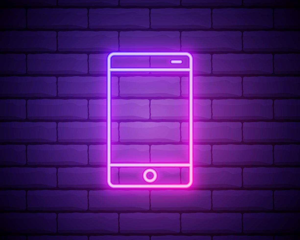 teléfono móvil, letrero de neón de teléfono inteligente. símbolo brillante brillante sobre un fondo de pared de ladrillo. icono de estilo neón vector