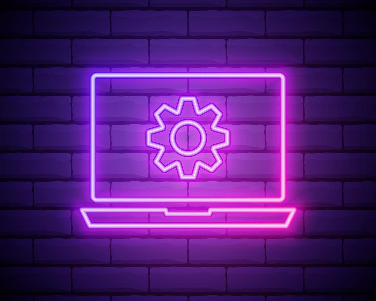 Glowing neon line Laptop and gear icon isolated on brick wall background. Laptop service concept. Adjusting app, setting options, maintenance, repair, fixing. Vector Illustration