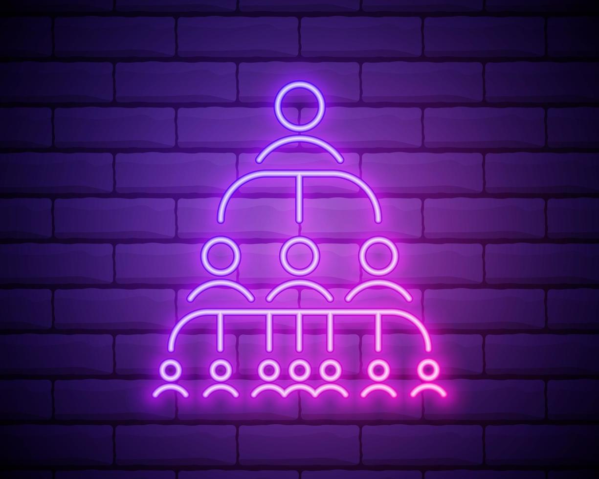 icono de luz de neón de gestión de personal. trabajo en equipo. jerarquía profesional. organización. liderazgo. delegación. signo brillante. ilustración vectorial aislado en la pared de ladrillo. vector