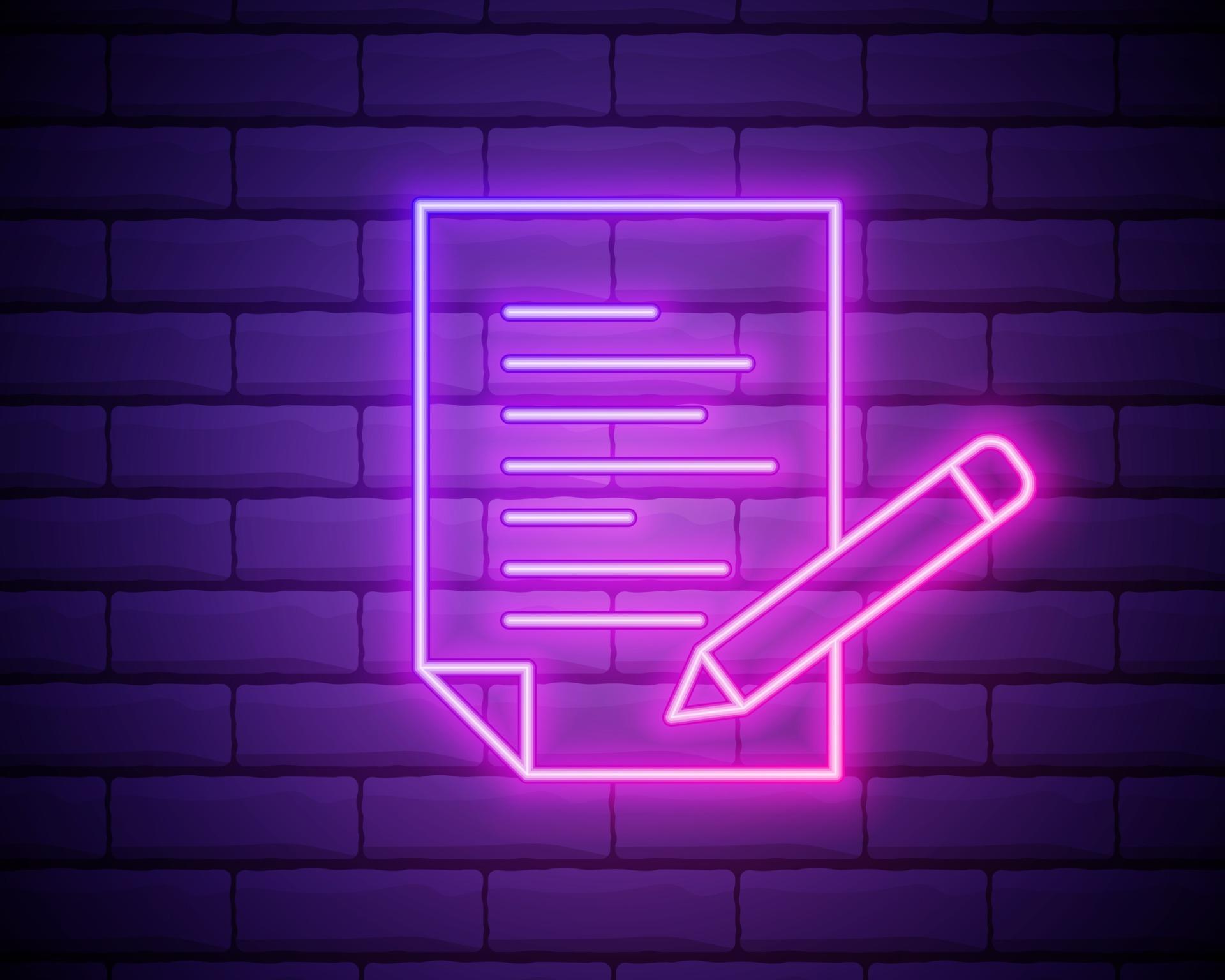 pencil, list, paper outline icon in neon style. elements of education