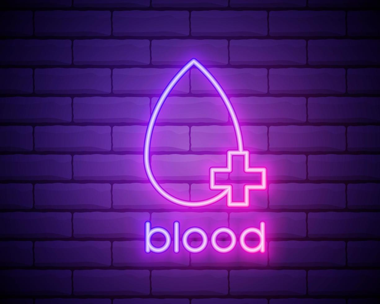 blood neon icon. Elements of Blood donation set. Simple icon for websites, web design, mobile app, info graphics isolated on brick wall vector