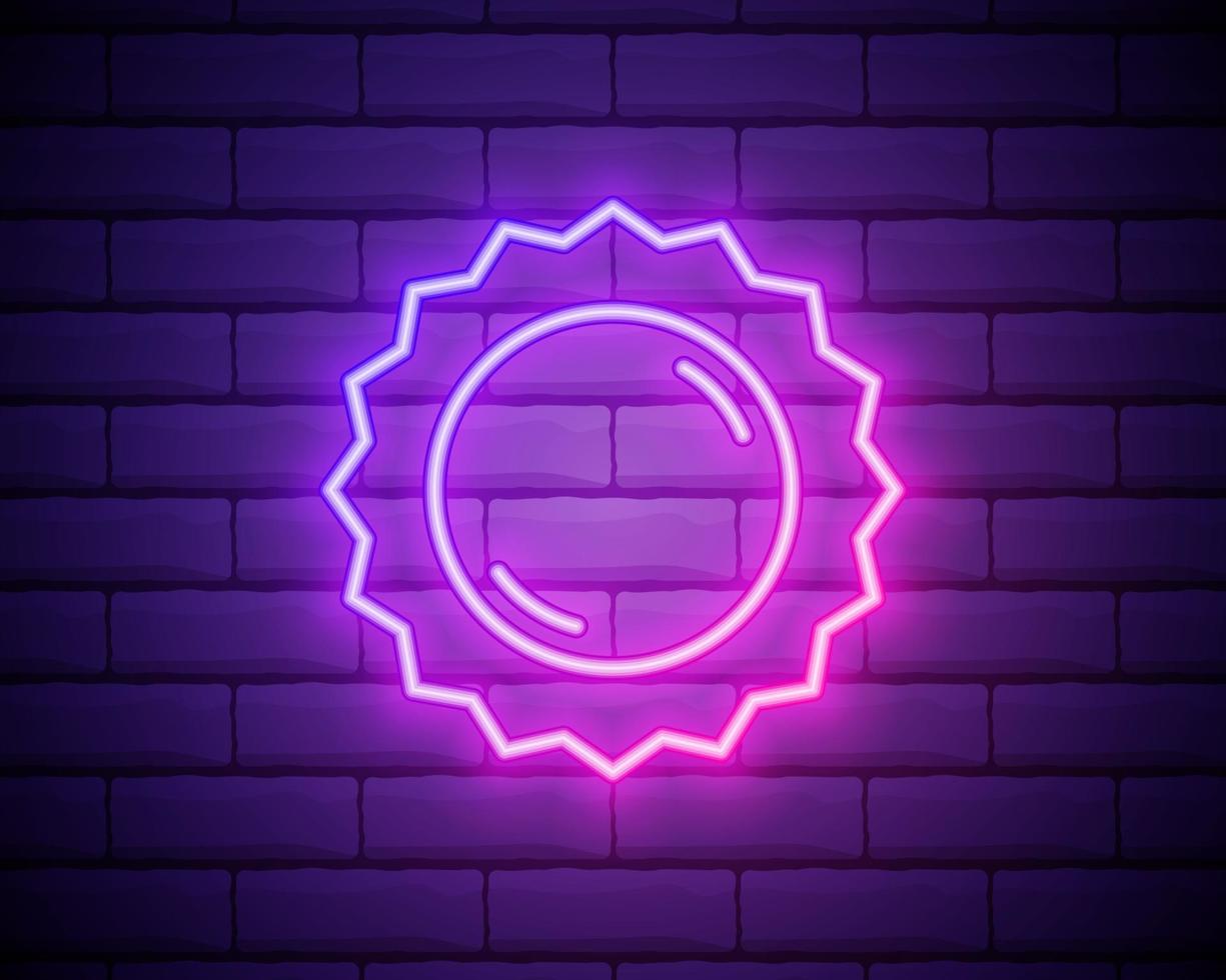 sol rosa brillante neón ui ux icono. vector de logotipo de signo brillante aislado en el fondo de la pared de ladrillo