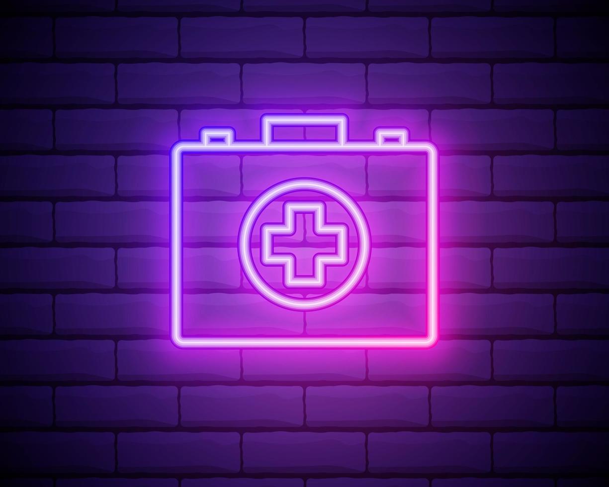 Glowing neon line First aid kit icon isolated on brick wall background. Medical box with cross. Medical equipment for emergency. Healthcare concept. Vector Illustration