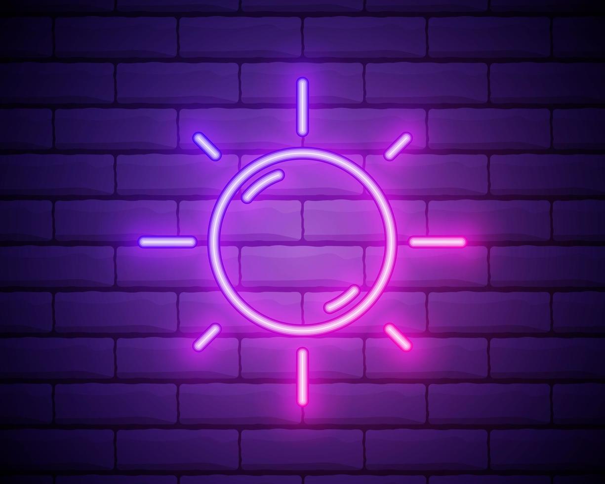 Sun pink glowing neon ui ux icon. Glowing sign logo vector isolated on brick wall backogrund