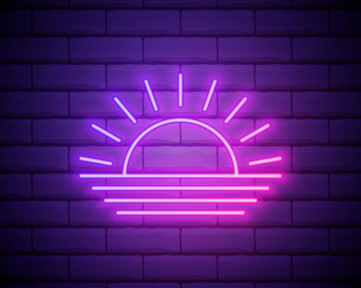 Sunset neon sign. Neon sign, bright signboard, light banner. Vector icon isolated on brick wall background.