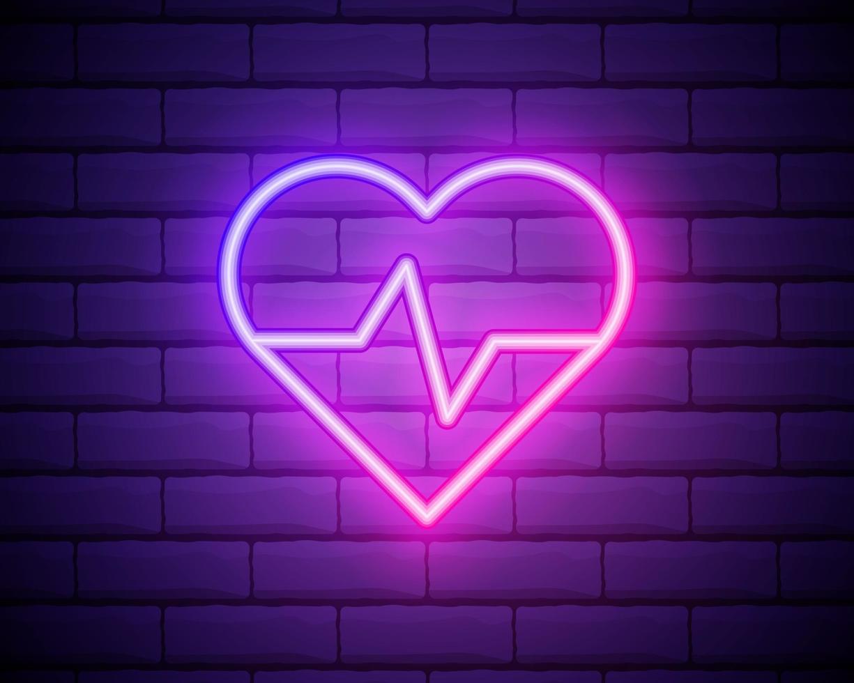 Glowing neon medicine concept sign with cardiogram graph in heart shape on a brick wall background. Drugstore or hospital luminous advertising signboard. Vector illustration.