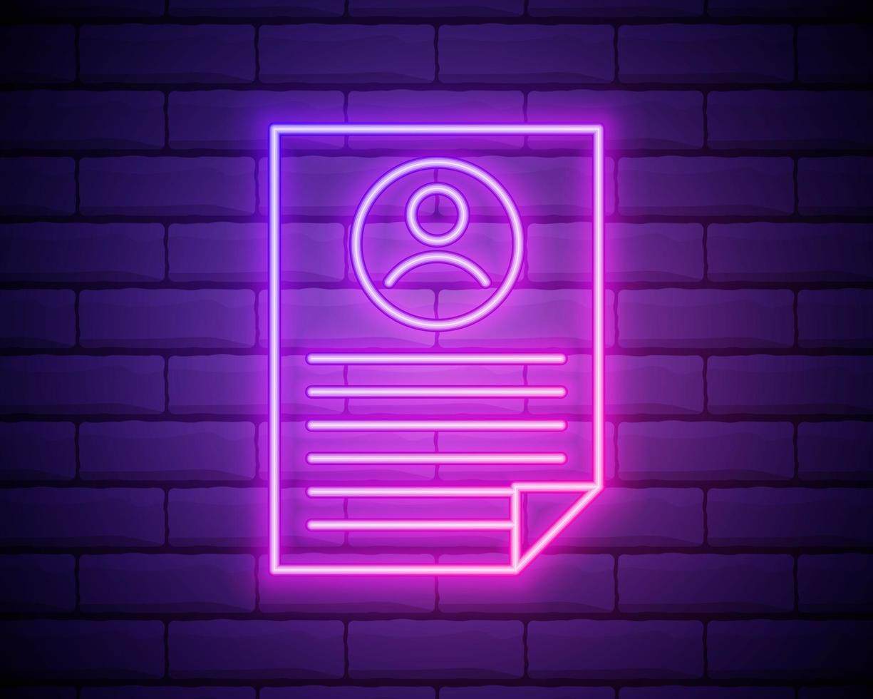 resume of the employee icon. Elements of HR and Heat hunting in neon style icons. Simple icon for websites, web design, mobile app, info graphics isolated on brick wall background. vector