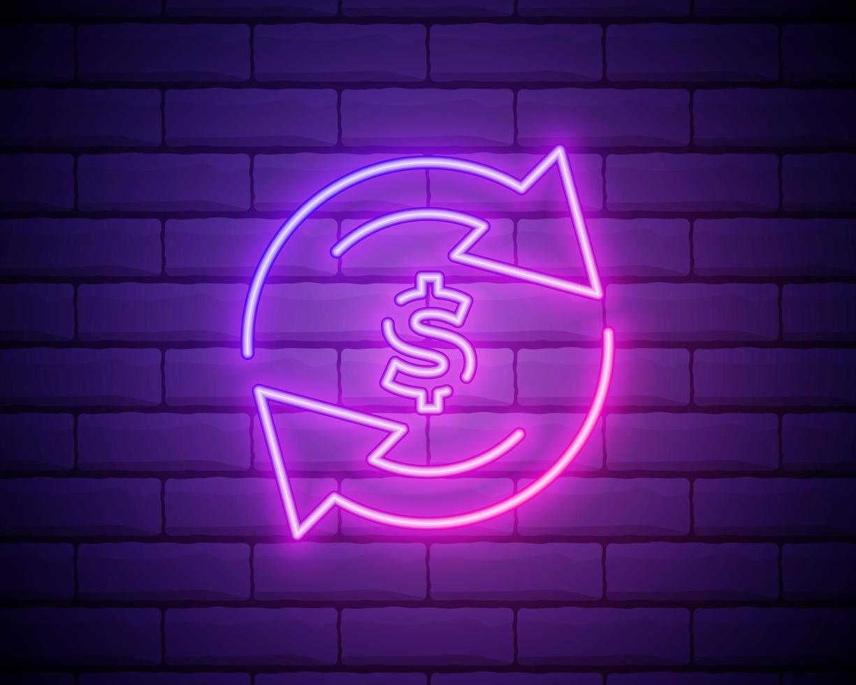 Neon light. Cashback service line icon. Money transfer sign. Rotation arrow symbol. Glowing graphic design. Brick wall. Vector