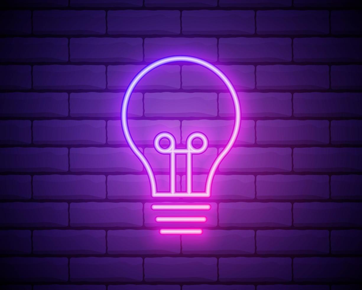 Glowing neon Light bulb shine icon isolated on brick wall background. Energy and idea symbol. Lamp electric. Vector Illustration