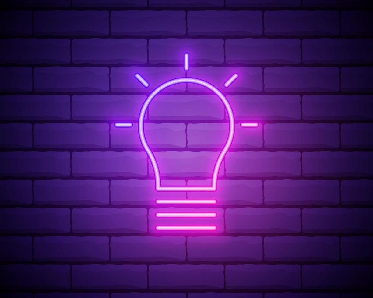 Glowing neon Light bulb shine icon isolated on brick wall background. Energy and idea symbol. Lamp electric. Vector Illustration