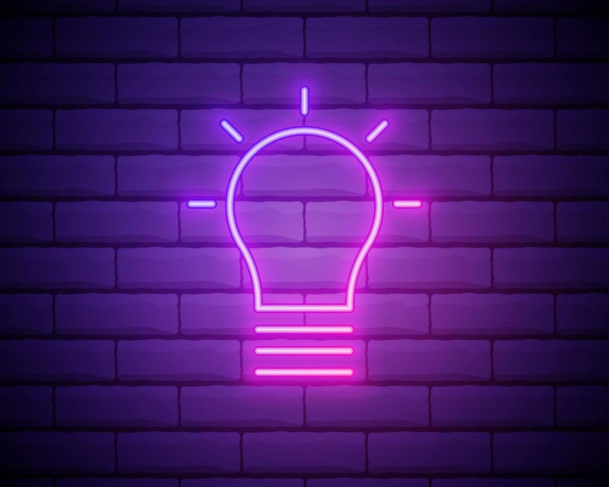 Icono de brillo de bombilla de luz de neón brillante aislado sobre fondo de pared de ladrillo. símbolo de energía e idea. Lámpara eléctrica. ilustración vectorial vector