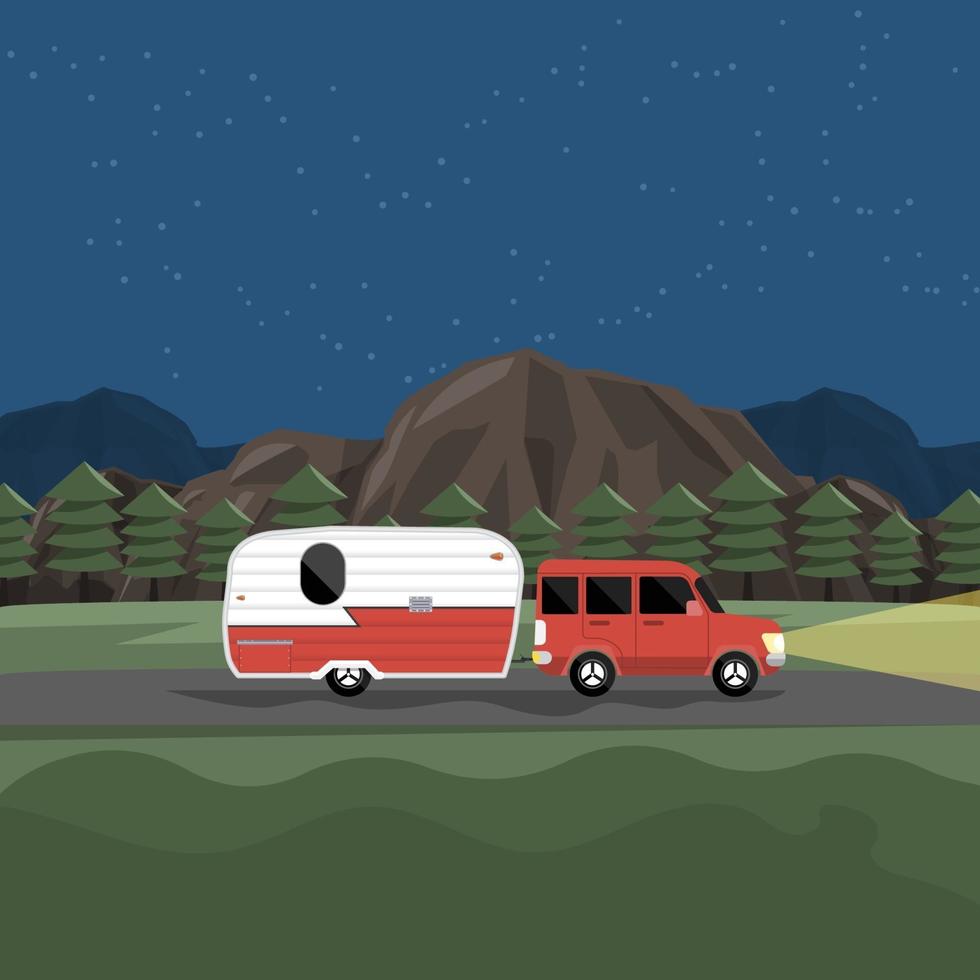 Car and RV camper driving in the woods vector