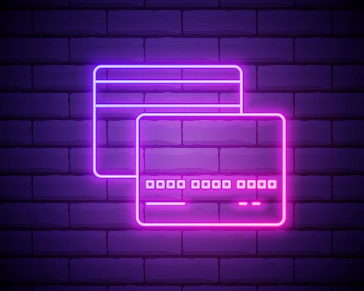 tarjeta de crédito rosa brillante neón ui ux icono. vector de logotipo de signo brillante aislado en la pared de ladrillo