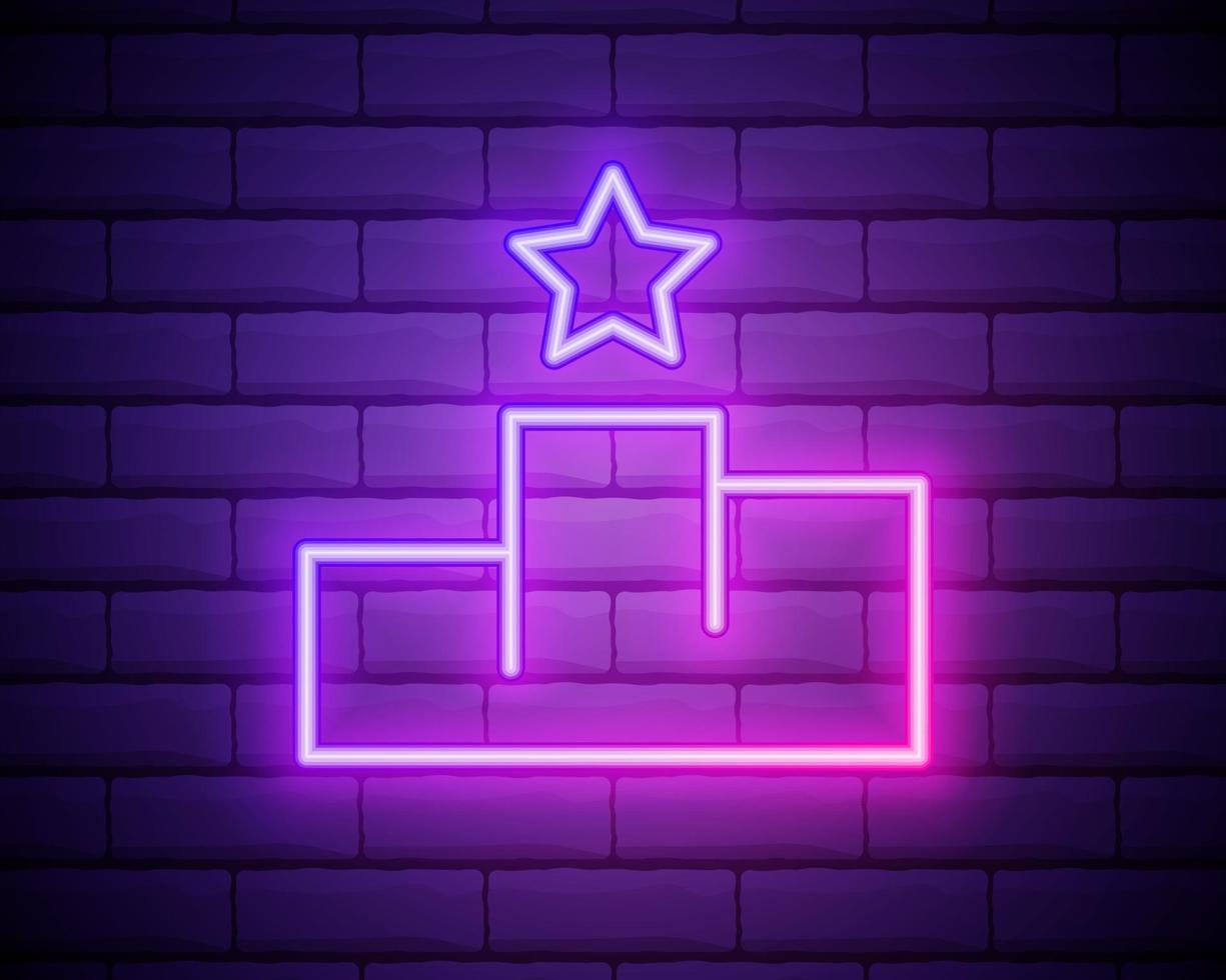 Sport winners podium. Flat style icon. Pink neon icon isolated on brick wall. Blurred lightening. Illustration. vector