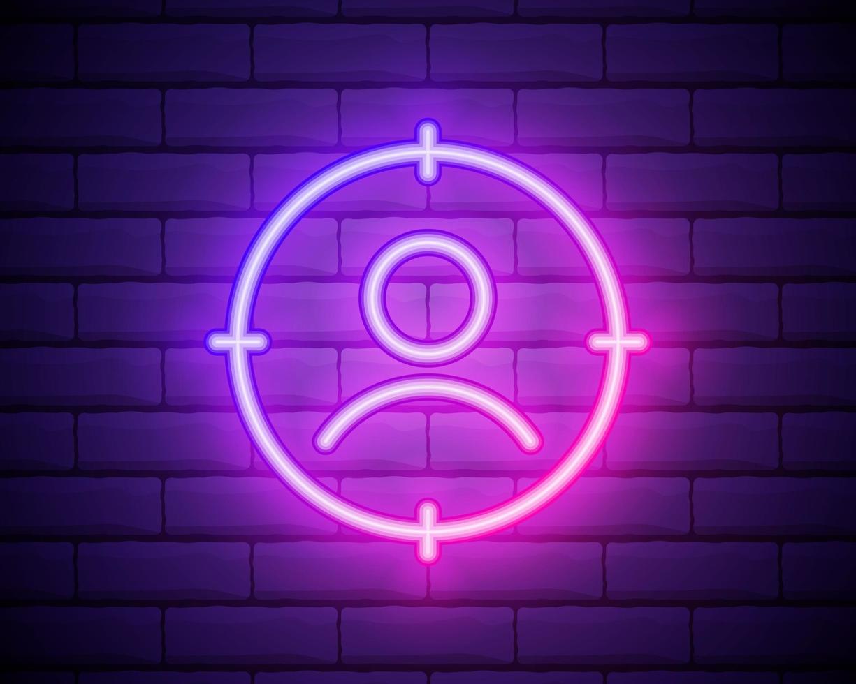 Glowing neon Marketing target strategy concept icon isolated on brick wall background. Aim with people sign. Vector Illustration