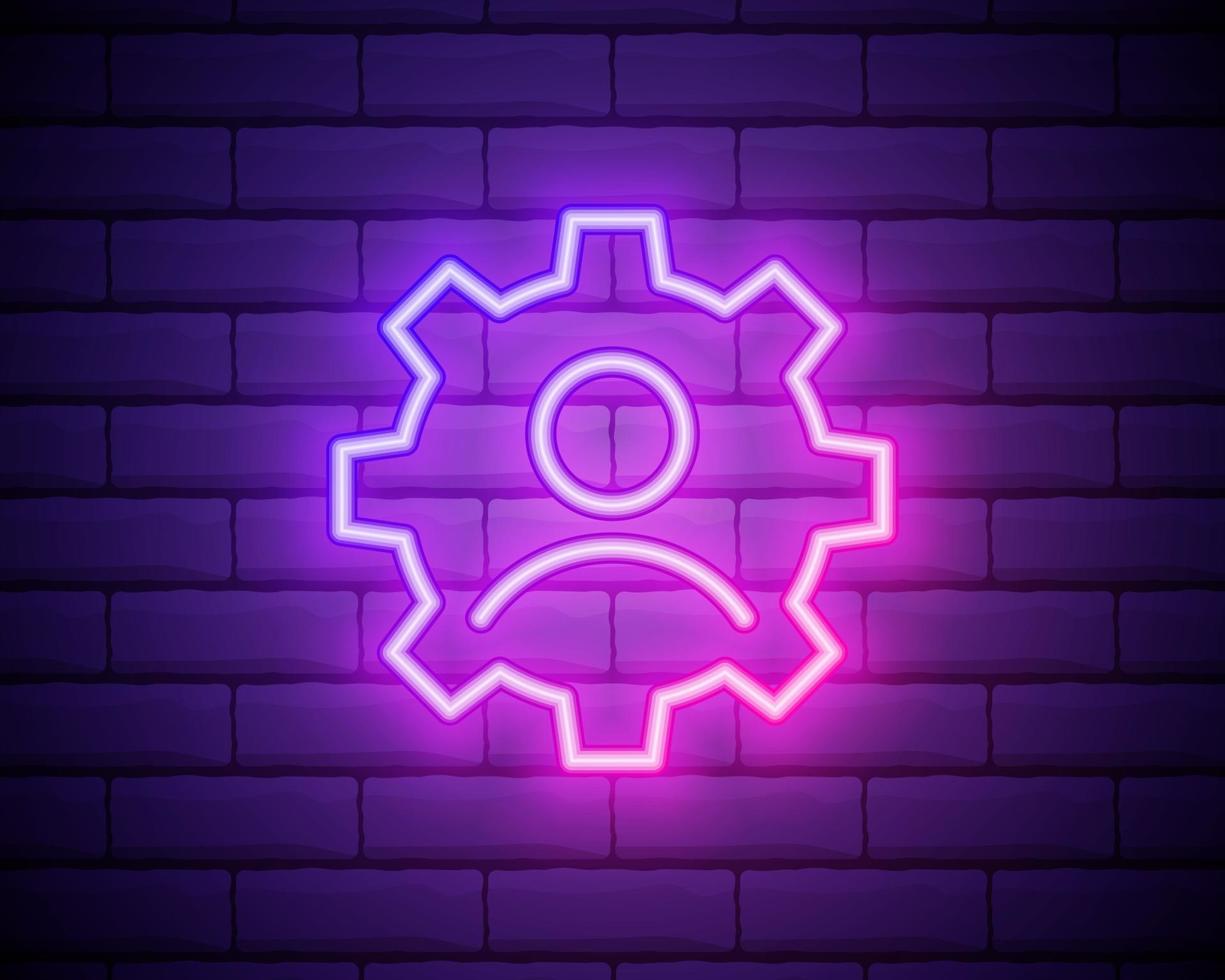 Glowing neon line Human with gear inside icon isolated on brick wall background. Artificial intelligence. Thinking brain sign. Symbol work of brain. Vector Illustration