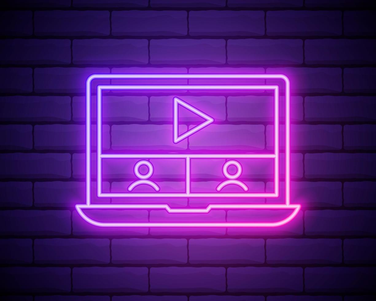 Neon online education icon. Glowing neon webinar sign, digital study in vivid colors. Video course, distance learning, teaching platform. Icon set, sign, symbol for UI. Vector illustration