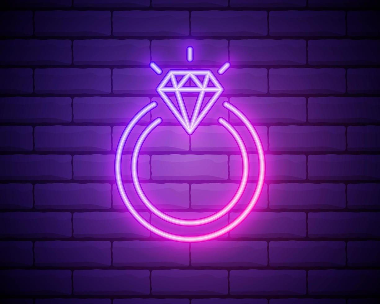 icono de anillo de compromiso de diamantes de neón brillante aislado sobre fondo de pared de ladrillo. vector