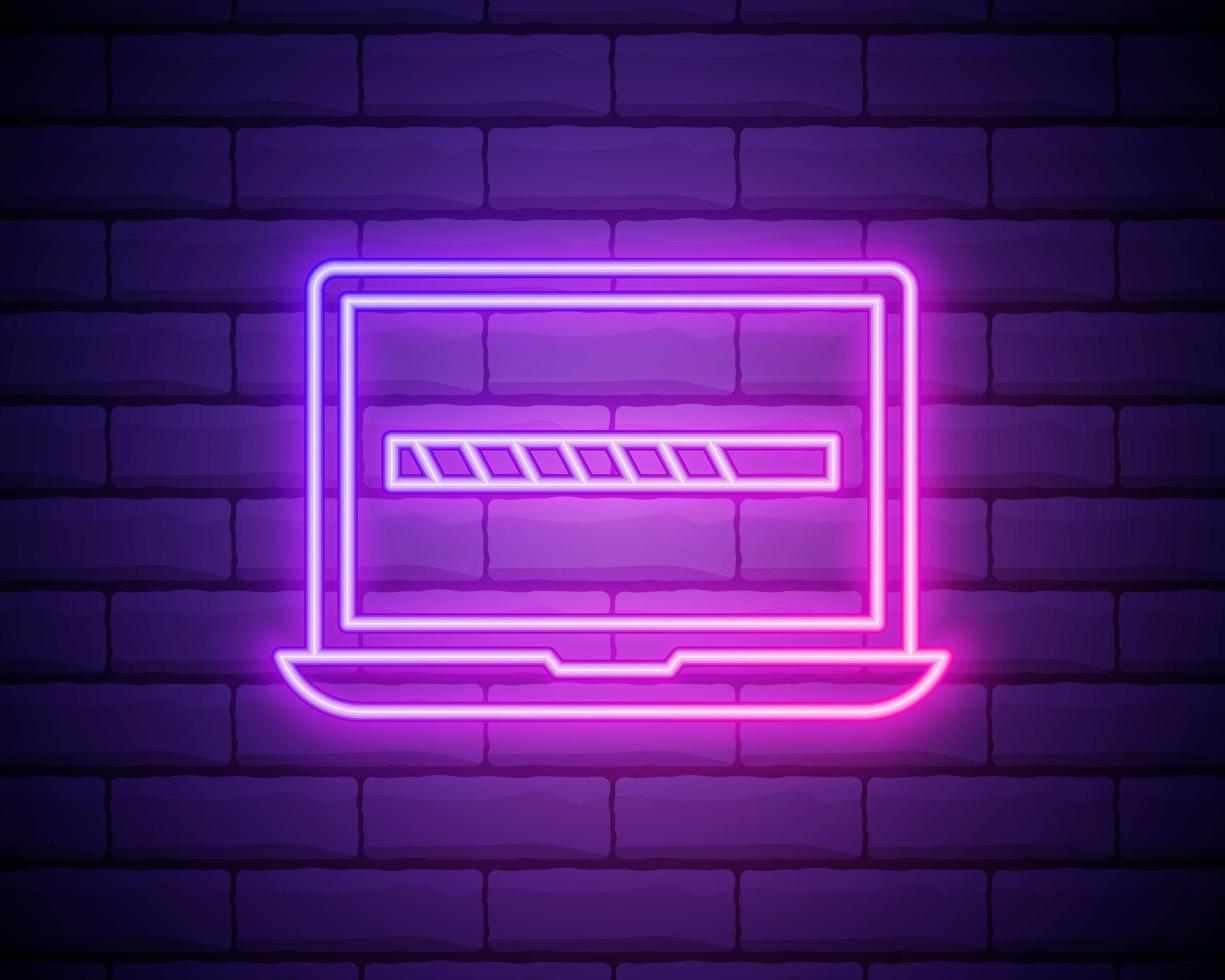 Vector Neon Laptop with Loading Icon on Screen, Something Loading, Technology Isolated on Brick wall Background Icon.