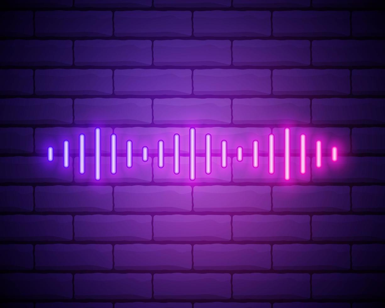 Neon composition of Digital sound wave. Vector abstract illustration of neon Music wave shape. Wavy motion glowing line, pulsating audio track. Isolated outline icon, symbol. Blue pink gradient isolated on brick wall.