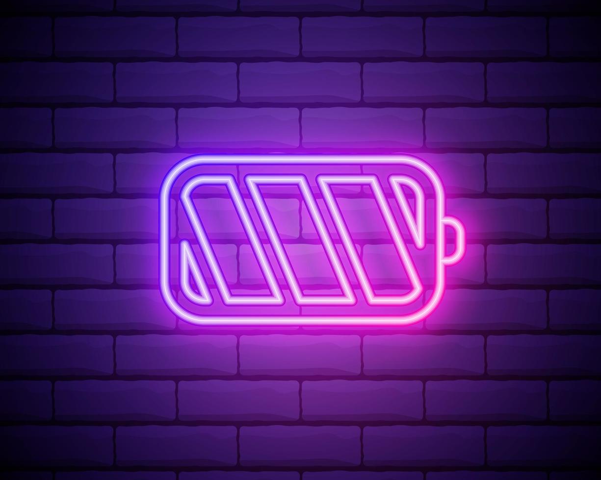 battery charge neon icon. Charger glowing sign. Vector symbol of charging battery isolated on brick wall.