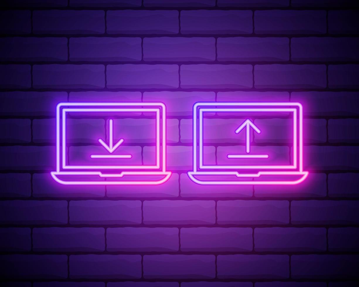 Download and upload line icon. Neon laser lights. Internet Downloading with Laptop sign. Load file symbol. Banner badge with internet downloading icon. Vector isolated on brick wall.