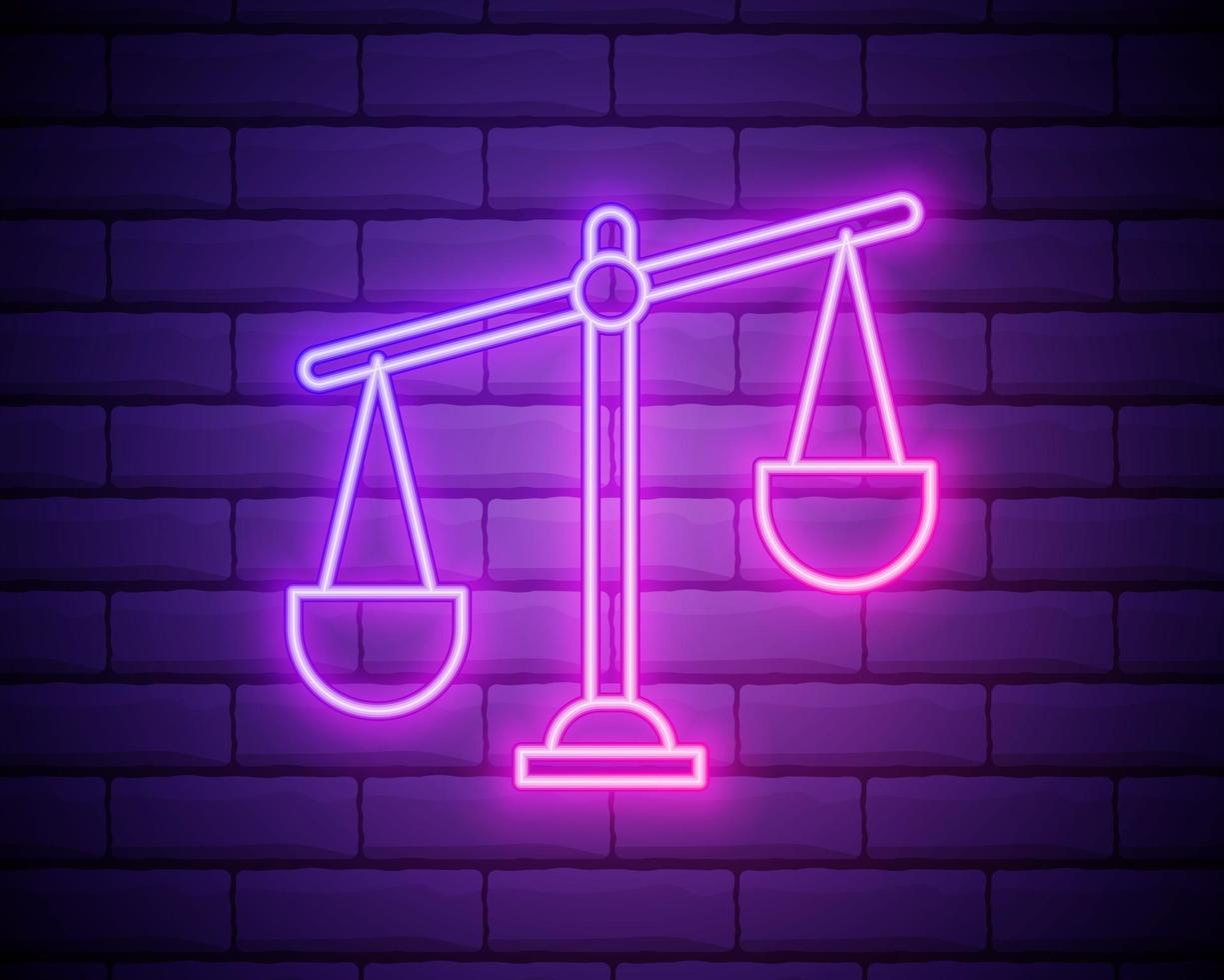 Glowing neon Scales of justice icon isolated on brick wall background. Court of law symbol. Balance scale sign. Vector Illustration