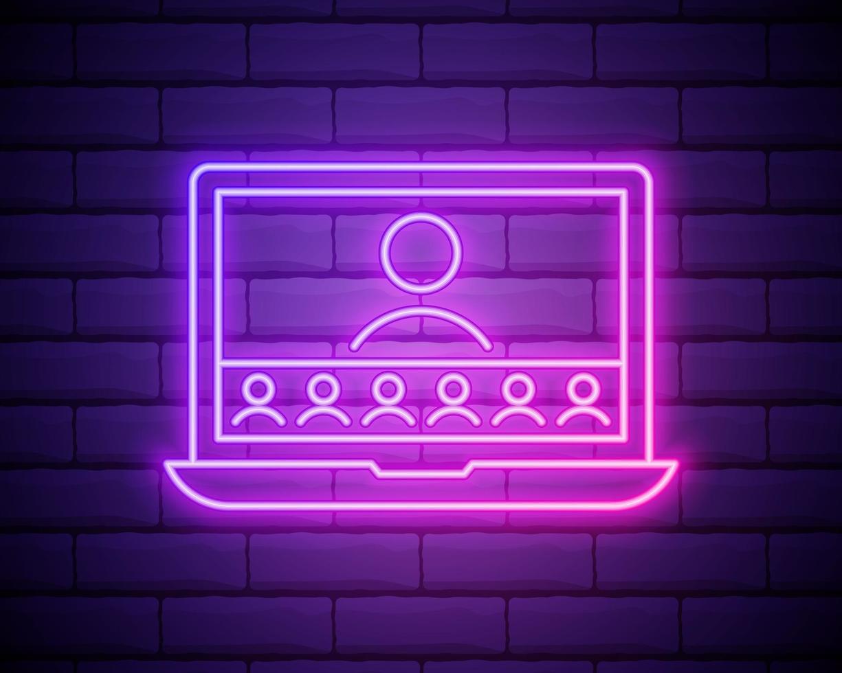 Neon online education icon. Glowing neon webinar sign, digital study in vivid colors. Video course, distance learning, teaching platform. Icon set, sign, symbol for UI. Vector illustration.