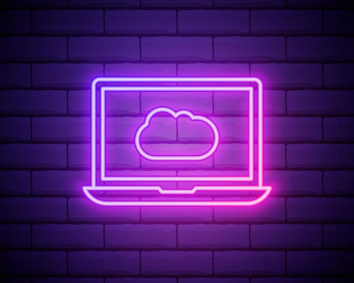 Cloud technology, software. Laptop and cloud. Technology logo with diagonal lines and colored gradient. Neon graphic, light effect. Isolated on brick wall vector