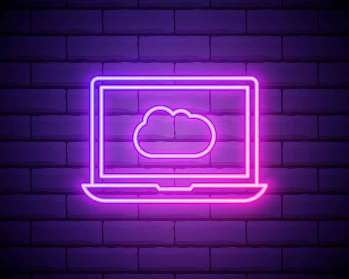 Cloud technology, software. Laptop and cloud. Technology logo with diagonal lines and colored gradient. Neon graphic, light effect. Isolated on brick wall vector