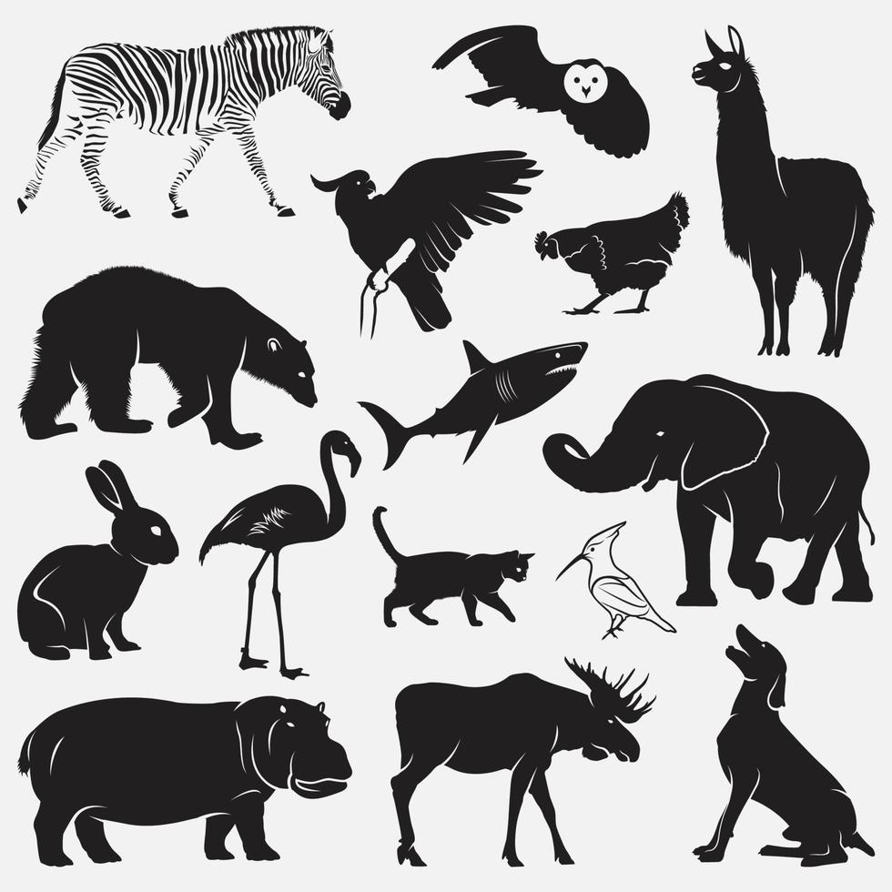 animales, siluetas, vector, diseño, plantillas, conjunto vector