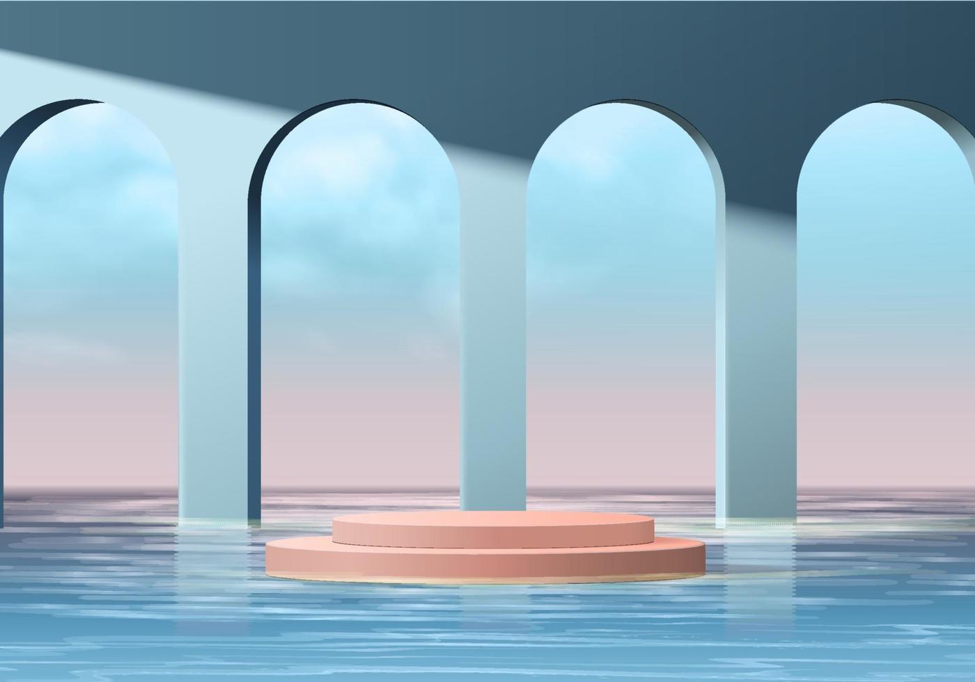 Background vector 3d blue rendering with pink podium and minimal summer scene with water sea, minimal abstract background 3d rendering geometric shape blue sky. Stage for show cosmetic on podium.