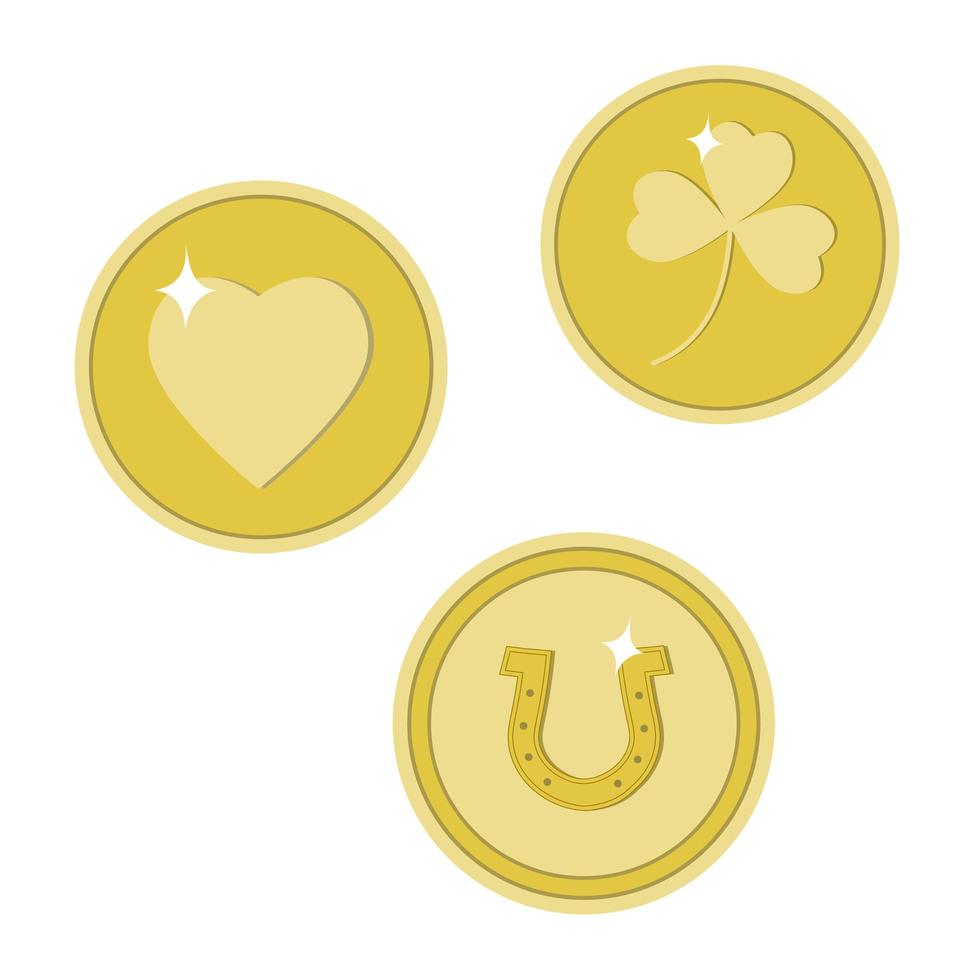 Set of golden lucky coins, clover, heart, horseshoe, vector