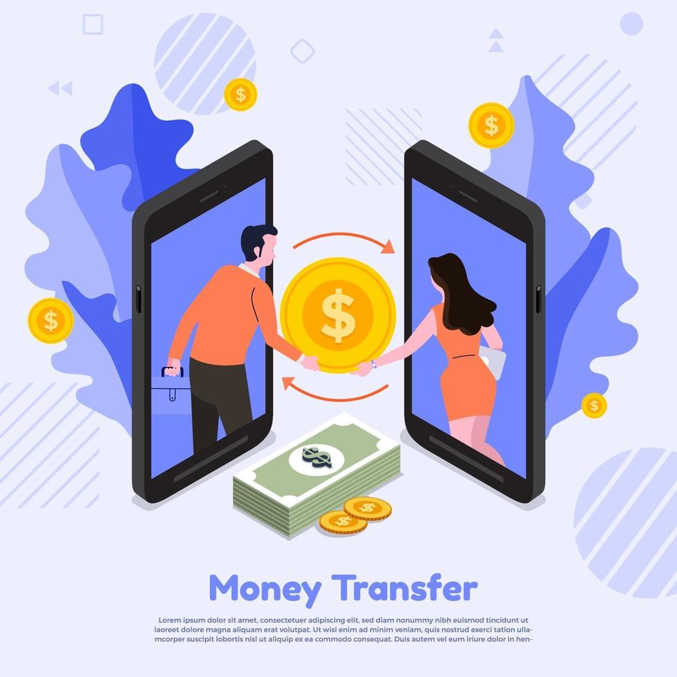 Two smartphones transferring money to each other. vector